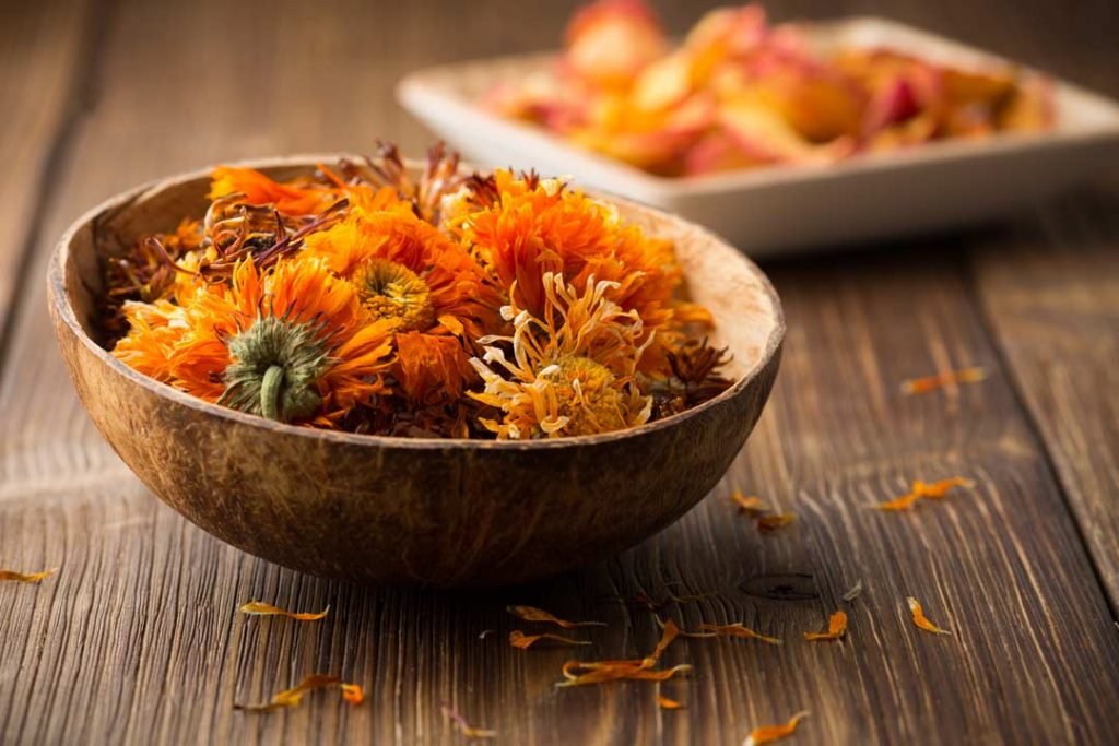 Calendula flowers in a bowl for facial cream