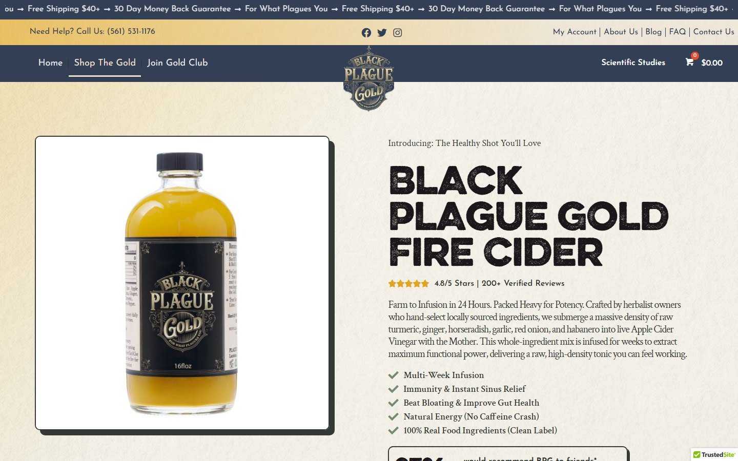 Black Plague Gold 16 oz product page on a desktop screen