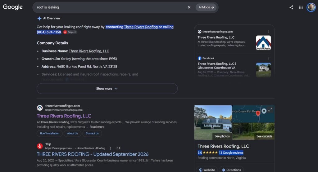 Google AI Overview answering roof is leaking by recommending Three Rivers Roofing and its phone number