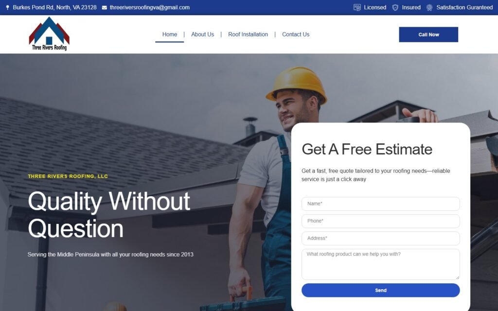 Three Rivers Roofing home page with a Get A Free Estimate form beside the headline