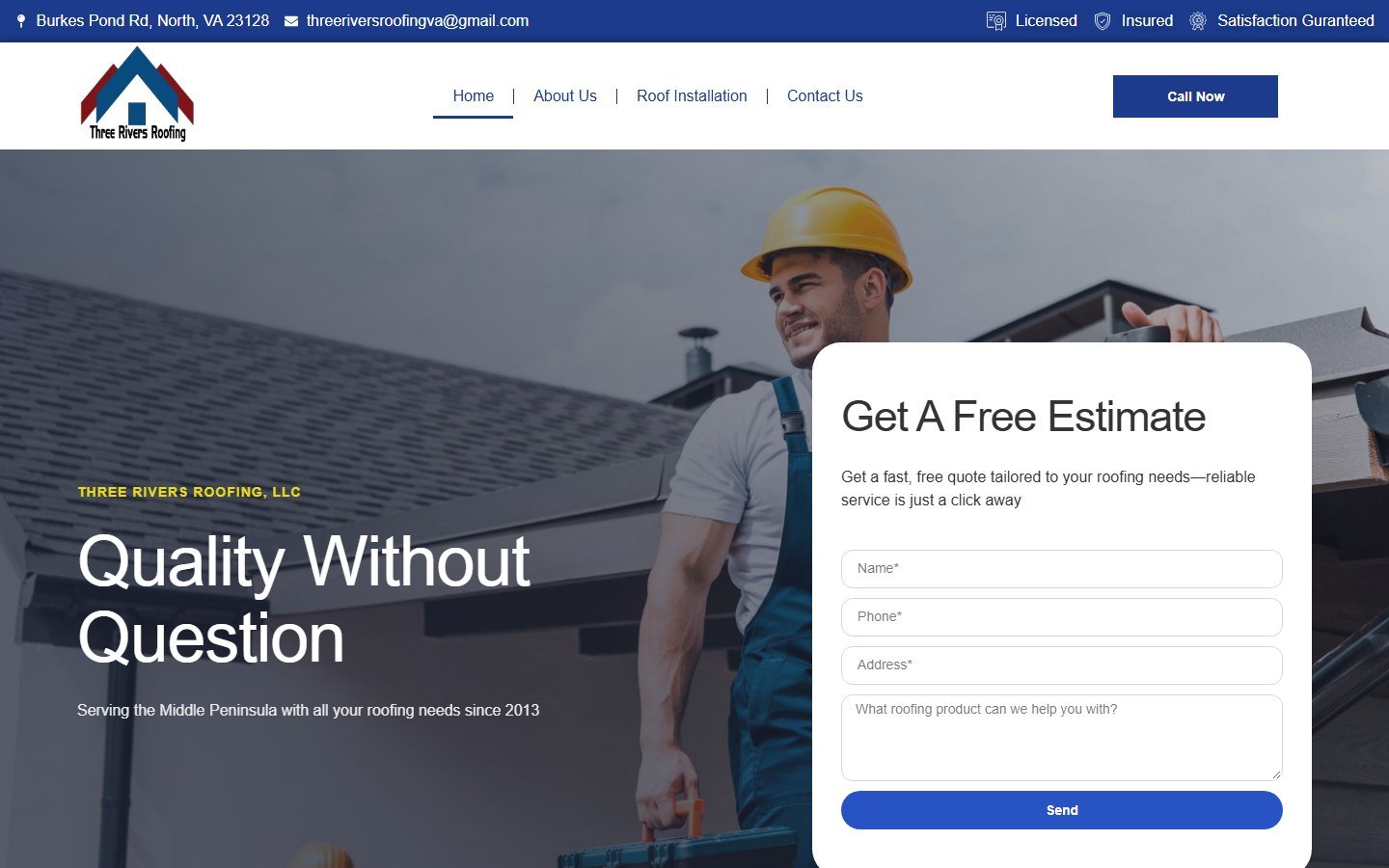 Three Rivers Roofing home page with a free estimate form beside the headline