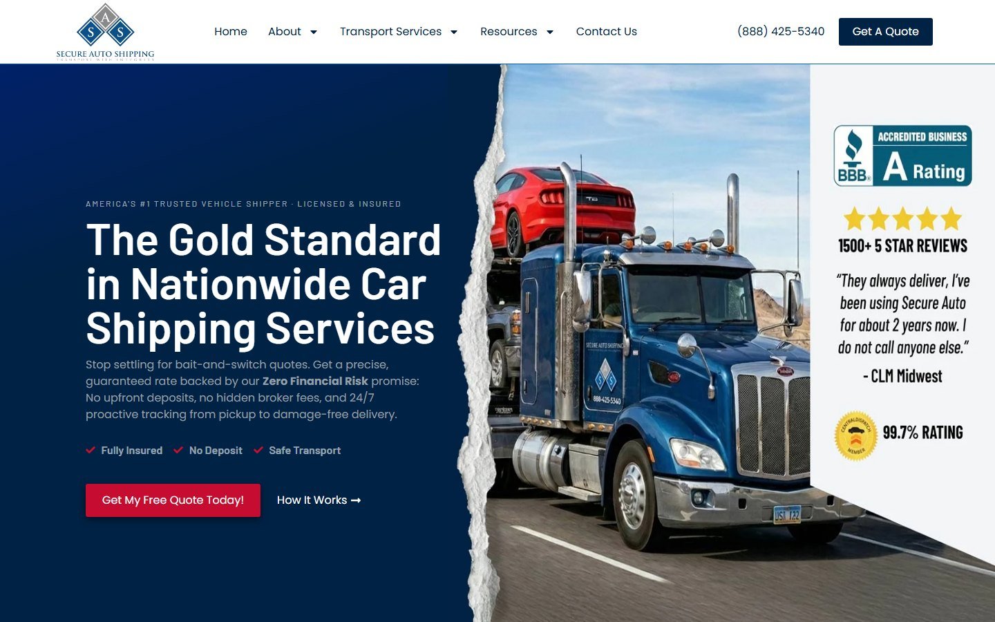 Secure Auto Shipping home page with its free quote button