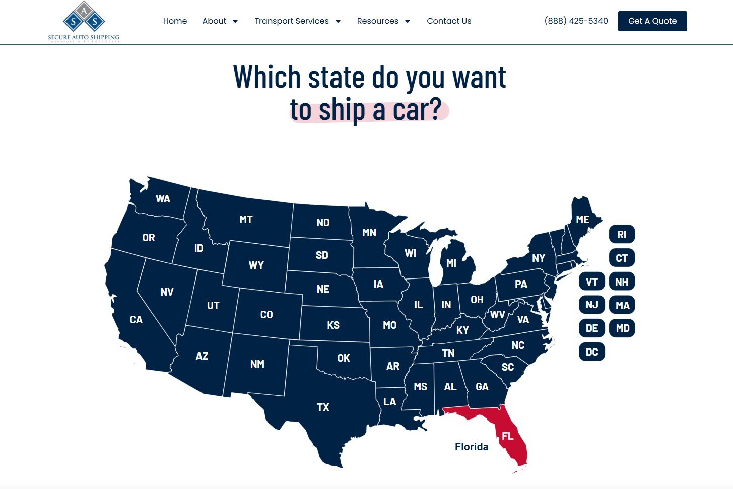 Secure Auto Shipping clickable state map that leads to each state page
