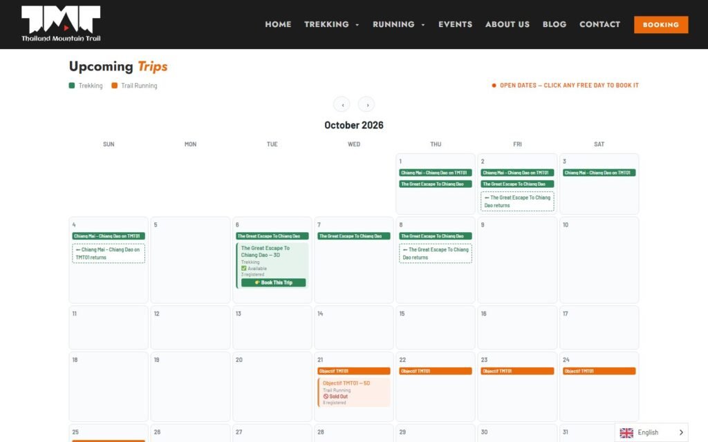 Thailand Mountain Trail trip calendar showing departures, registrations and a sold out trip