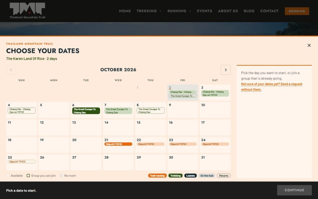 Thailand Mountain Trail date picker for a two day trek, showing open dates and groups you can join